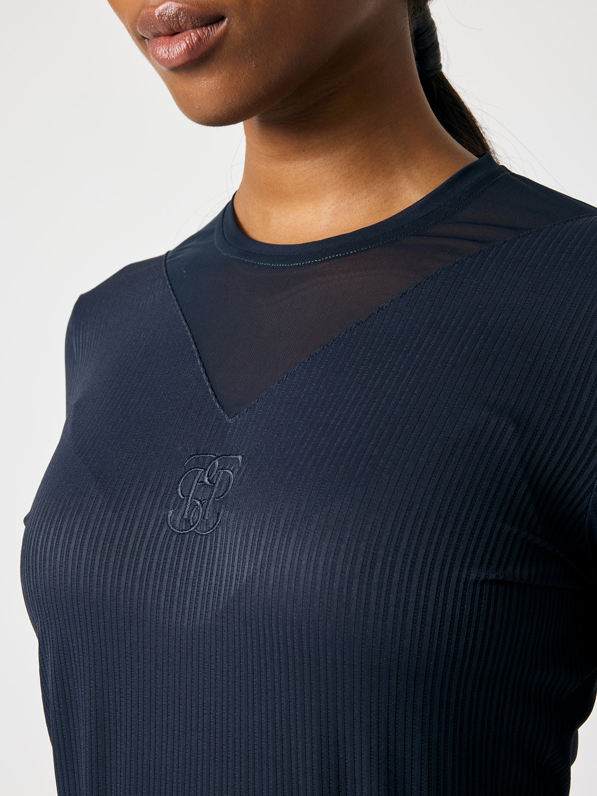 Leandra LS Striped Mesh Top Navy