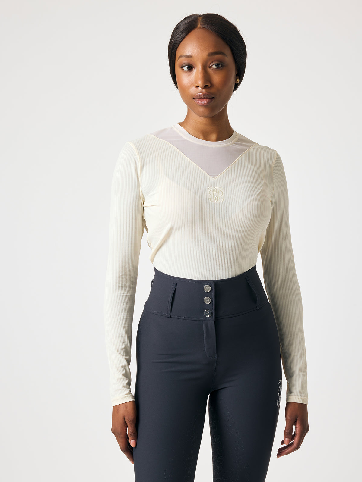 Leandra LS Striped Mesh Top Vanilla Beige