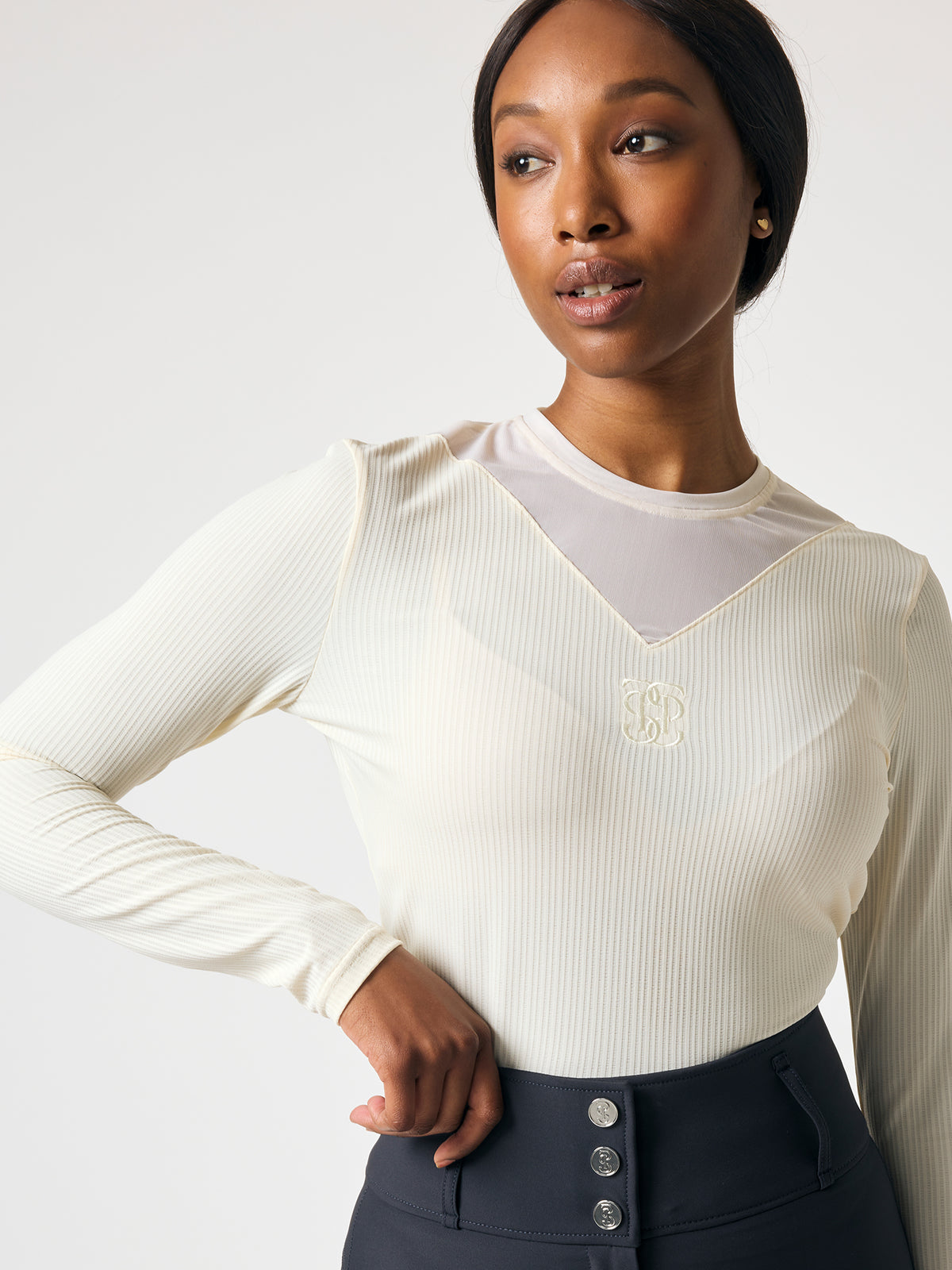 Leandra LS Striped Mesh Top Vanilla Beige