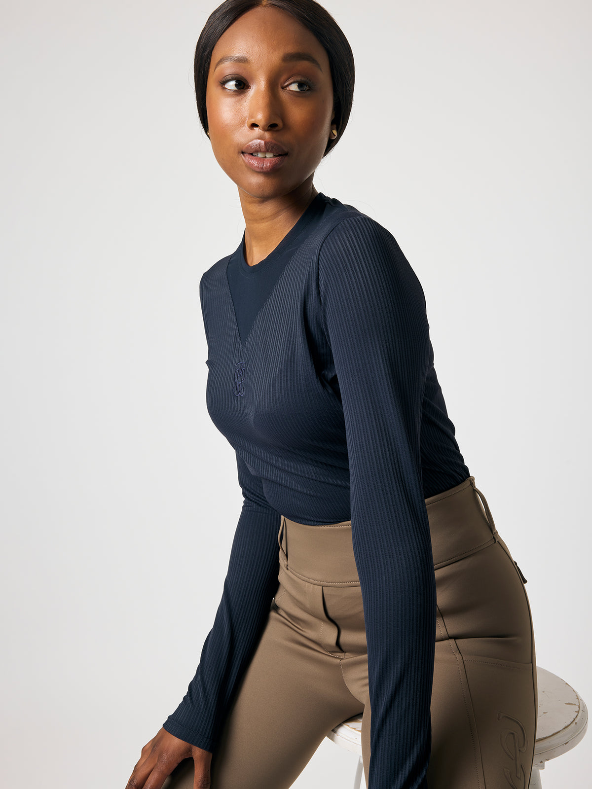 Leandra LS Striped Mesh Top Navy