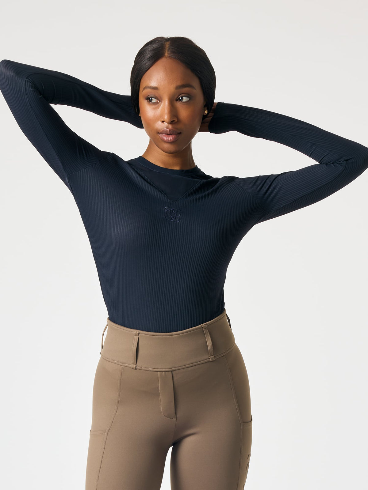 Leandra LS Striped Mesh Top Navy